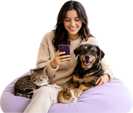 Persona con sus mascotas en un sillón